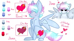 Size: 2560x1440 | Tagged: safe, artist:shinningblossom12, derpibooru import, oc, oc:shining blossom, unofficial characters only, pegasus, pony, black sclera, bust, chest fluff, duo, female, heart, mare, pegasus oc, reference sheet, spread wings, text, wings