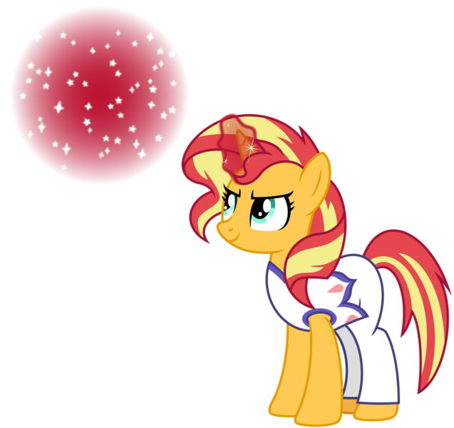 Size: 1024x964 | Tagged: safe, artist:emeraldblast63, derpibooru import, sunset shimmer, pony, unicorn, the summer sun setback, clothes, costume, magic, simple background, solo, transparent background