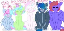 Size: 2960x1440 | Tagged: safe, artist:shinningblossom12, derpibooru import, oc, oc:kiim, oc:kim, oc:meadow waves, oc:melody song, oc:shining blossom, oc:sugar, unofficial characters only, pegasus, pony, unicorn, chest fluff, cross-popping veins, dialogue, eyes closed, female, frown, group, hair over eyes, horn, male, mare, one eye closed, pegasus oc, short, simple background, sitting, smiling, stallion, unamused, unicorn oc, white background, wings, wink
