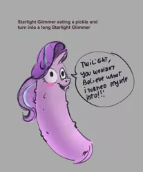 Size: 1513x1826 | Tagged: artist:alumx, blushing, blush sticker, derpibooru import, dialogue, food, gray background, long glimmer, long pony, meme, pickle, pickle rick, rick and morty, safe, simple background, sketch, solo, starlight glimmer, transformation