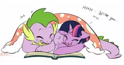 Size: 1049x553 | Tagged: safe, artist:drtuo4, derpibooru import, edit, spike, twilight sparkle, dragon, pony, bedsheets, blanket, book, cropped, crying, cute, duo, ear fluff, eyes closed, female, floppy ears, happy, laughing, male, older, older spike, open mouth, prone, reading, smiling, spikabetes, spikelove, tears of laughter, teary eyes, twiabetes