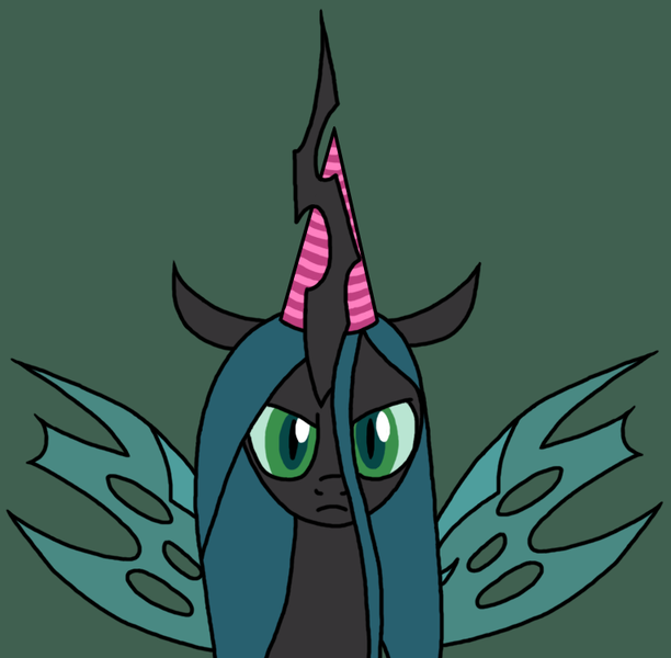 Size: 765x750 | Tagged: artist:nopony, atg 2020, bust, changeling, changeling queen, derpibooru import, female, hat, looking at you, newbie artist training grounds, party hat, queen chrysalis, safe, spread wings, unamused, wings