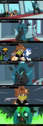 Size: 878x2558 | Tagged: safe, artist:droll3, derpibooru import, queen chrysalis, ponified, changeling, changeling queen, earth pony, pegasus, pony, unicorn, boss fight, comic, crossover, digital art, donald duck, evil grin, female, fire, glowing horn, goofy, grin, hat, horn, keyblade, kingdom hearts, laughing, magic, smiling, sora, text, wings