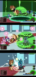 Size: 883x1869 | Tagged: safe, artist:droll3, derpibooru import, princess cadance, queen chrysalis, shining armor, ponified, alicorn, changeling, changeling queen, earth pony, pegasus, pony, unicorn, attack, boss fight, comic, crossover, digital art, donald duck, evil grin, female, fire, glowing horn, goofy, grin, hat, horn, keyblade, kingdom hearts, laughing, magic, smiling, sora, text, wings