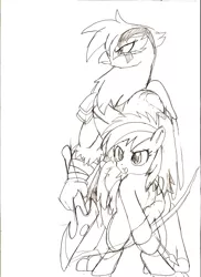Size: 731x1005 | Tagged: safe, artist:droll3, derpibooru import, gilda, rainbow dash, gryphon, pegasus, pony, arrow, atreus, bow, crossover, female, filly, filly rainbow dash, god of war, kratos, monochrome, simple background, sketch, traditional art, white background, younger