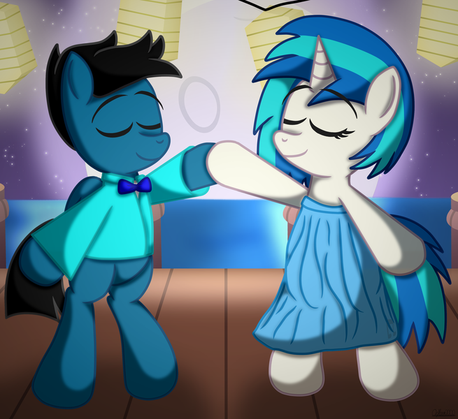 Size: 7200x6600 | Tagged: safe, artist:agkandphotomaker2000, derpibooru import, vinyl scratch, oc, oc:pony video maker, pegasus, pony, unicorn, bay, bipedal, canon x oc, clothes, dancing, decorative lamps, drawing, dress, female, harbor, male, moon, pier, pony prom, pony prom 2020, shipping, straight, tuxedo, videoscratch