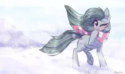 Size: 1915x1130 | Tagged: safe, artist:kyumiku, artist:zlayd-oodles, derpibooru import, marble pie, earth pony, pony, blushing, clothes, cold, cute, ear fluff, female, looking at you, marblebetes, mare, one eye closed, scarf, snow, solo