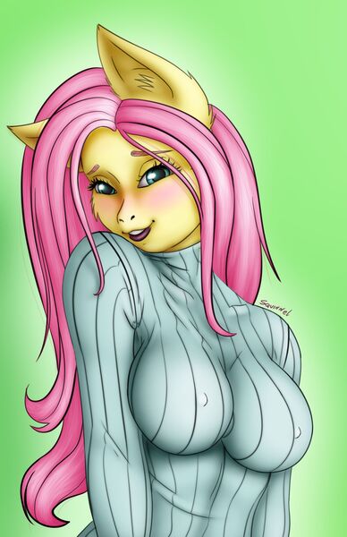 Size: 1920x2966 | Tagged: suggestive, artist:redsquirr, derpibooru import, fluttershy, anthro, bat pony, blushing, breasts, busty fluttershy, clothes, ear fluff, erect nipples, flutterbat, green background, nipple outline, open mouth, race swap, simple background, sweater, sweatershy