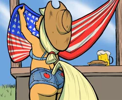 Size: 1024x840 | Tagged: 4th of july, alcohol, american flag, amerijack, anthro, applebutt, applejack, applejack's hat, artist:ahobobo, ass, beer, bikini, bikini top, breasts, butt, clothes, cowboy hat, daisy dukes, derpibooru import, food, hat, holiday, pie, porch, shorts, solo, suggestive, swimsuit, wedgie