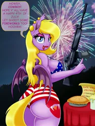 Size: 3000x4000 | Tagged: suggestive, artist:pananovich, derpibooru import, oc, oc:flourish glade, unofficial characters only, anthro, bat pony, 4th of july, american flag bikini, ar15, armalite ar-15, armalite rifle, ass, bat pony oc, bat wings, big breasts, bikini, bill of rights, breasts, butt, clothes, ear piercing, earring, erect nipples, fangs, female, food, gun, holiday, jewelry, lidded eyes, lip bite, looking at you, looking back, mare, open mouth, pie, piercing, rifle, smiling, solo, solo female, speech bubble, swimsuit, weapon, wings
