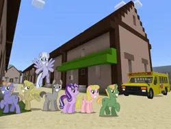 Size: 2048x1536 | Tagged: safe, artist:topsangtheman, artist:vector-brony, derpibooru import, offbeat, starlight glimmer, earth pony, pegasus, pony, unicorn, the cutie map, minecraft, our town, scene interpretation, school bus