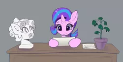 Size: 4378x2224 | Tagged: safe, artist:xbi, derpibooru import, cozy glow, phyllis, starlight glimmer, pony, unicorn, 30 minute art challenge finished after, bust, cute, glimmerbetes, gray background, grimderp, implied decapitation, simple background, statue, table