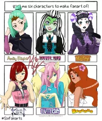 Size: 919x1087 | Tagged: a goofy movie, amity blight, animal crossing, anthro, artist:kypie92, clothes, crossover, derpibooru import, eared humanization, female, fluttershy, frankie stein, human, humanized, jewelry, kairi, kingdom hearts, monster high, necklace, roxanne, safe, six fanarts, the owl house, winged humanization, wings