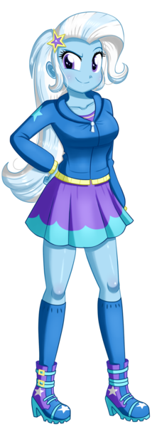 Size: 604x1696 | Tagged: safe, artist:the-butch-x, derpibooru import, trixie, equestria girls, clothes, female, hand on hip, hoodie, raised eyebrow, simple background, skirt, smiling, solo, transparent background