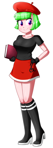 Size: 604x1696 | Tagged: safe, artist:the-butch-x, derpibooru import, watermelody, equestria girls, background human, beret, book, boots, clothes, female, hand on hip, hat, high heel boots, holding, shirt, shoes, simple background, skirt, smiling, solo, transparent background