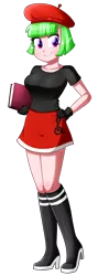 Size: 604x1696 | Tagged: safe, artist:the-butch-x, derpibooru import, watermelody, equestria girls, background human, beret, book, boots, clothes, female, hand on hip, hat, high heel boots, holding, shirt, shoes, simple background, skirt, smiling, solo, transparent background