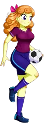 Size: 604x1696 | Tagged: safe, artist:the-butch-x, derpibooru import, orange sherbette, equestria girls, ball, breasts, busty orange sherbette, clothes, female, football, raised leg, shirt, shorts, simple background, smiling, solo, sports, sports shorts, transparent background