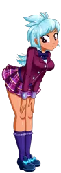 Size: 604x1696 | Tagged: safe, artist:the-butch-x, derpibooru import, frosty orange, equestria girls, breasts, clothes, crystal prep academy uniform, cute, female, looking at you, plaid skirt, school uniform, simple background, skirt, smiling, solo, transparent background