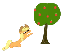 Size: 1367x1141 | Tagged: safe, artist:wren, derpibooru import, applejack, earth pony, apple, apple tree, cowboy hat, female, food, hairband, hat, laying on ground, long neck, lying down, reaching, resting, simple background, solo, squatpony, transparent background, tree