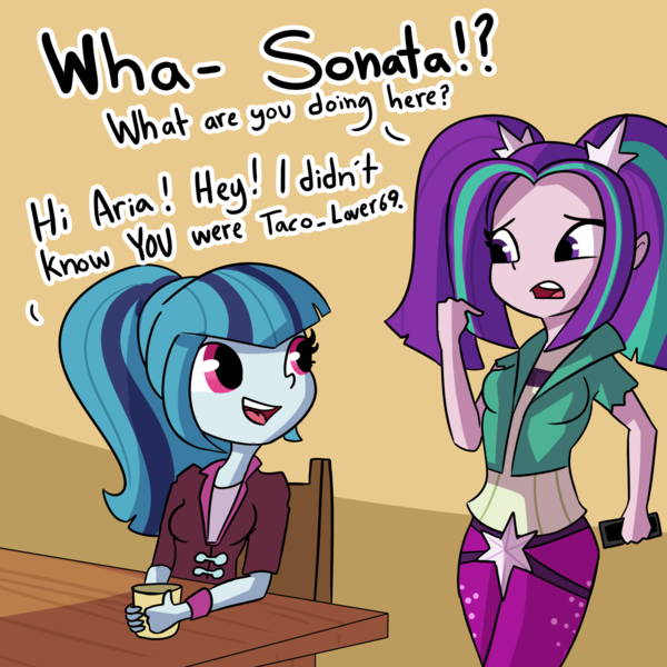 Size: 2250x2250 | Tagged: safe, artist:tjpones, derpibooru import, aria blaze, sonata dusk, equestria girls, rainbow rocks, chair, clothes, dialogue, female, food, implied arisona, implied lesbian, innocent, open mouth, sonataco, table, taco, that siren sure does love tacos