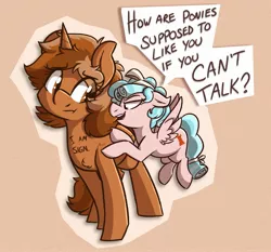 Size: 2109x1965 | Tagged: safe, artist:modularpon, deleted from derpibooru, derpibooru import, cozy glow, oc, oc:sign, pegasus, pony, unicorn, :t, ableism, bully, bullying, dialogue, female, filly, floppy ears, flying, frown, lidded eyes, mare, mute, open mouth, poking, smiling, smirk, speech bubble, spread wings, tan background, teasing, text, wings