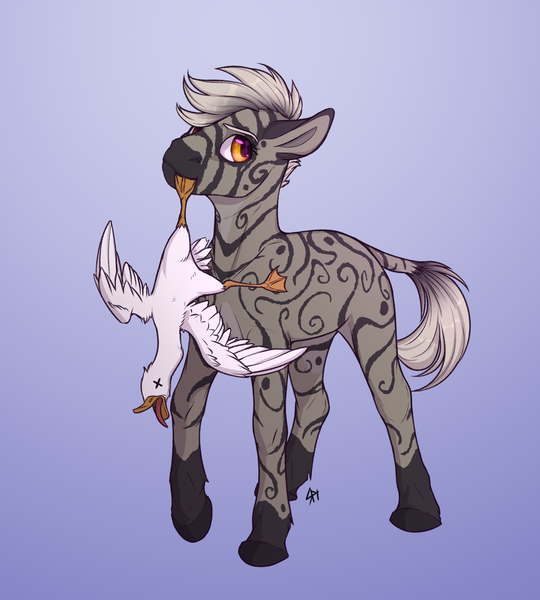 Size: 2700x3000 | Tagged: artist:yarugreat, bird, derpibooru import, fallout equestria, fallout equestria: homelands, fallout equestria: project horizons, fanfic art, goose, oc, oc:pythia, safe, starkatteri, unofficial characters only, zebra