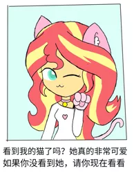 Size: 909x1174 | Tagged: safe, artist:pink flame, derpibooru import, sunset shimmer, equestria girls, ;3, cat ears, cat tail, collar, lovely, nyanset shimmer, one eye closed, paw gloves, pet tag, wink