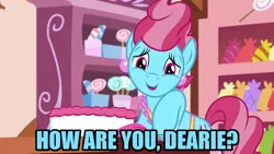 Size: 1280x720 | Tagged: safe, derpibooru import, edit, edited screencap, editor:jaredking203, screencap, cup cake, earth pony, pony, no second prances, cake, candy, caption, ear piercing, earring, female, food, image macro, jewelry, lollipop, mare, meme, piercing, question, raised hoof, solo, text