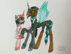 Size: 3968x2976 | Tagged: safe, artist:白乌鸦之翼, derpibooru import, king sombra, queen chrysalis, changeling, unicorn, chrysombra, female, male, mask, shipping, straight, traditional art