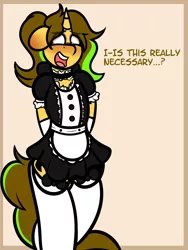 Size: 3000x4000 | Tagged: safe, artist:theawkwarddork, derpibooru import, oc, oc:awkward dork, anthro, semi-anthro, unicorn, absurd resolution, blushing, choker, clothes, crossdressing, eyeshadow, femboy, freckles, heart eyes, maid, makeup, male, simple background, skirt, socks, solo, text, thigh highs, wingding eyes