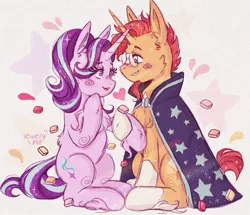 Size: 750x645 | Tagged: safe, artist:velvety_pop, derpibooru import, starlight glimmer, sunburst, pony, unicorn, blushing, chest fluff, female, heart, hoof hold, looking at each other, male, pun, shipping, starburst, starburst (candy), straight