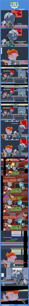 Size: 1205x12698 | Tagged: safe, artist:estories, derpibooru import, oc, oc:fire swirl, oc:neo strike, oc:post haste, oc:star charter, oc:trustworthy, pony, comic:stable 33, fallout equestria, female, male, mare, pointy ponies, stallion