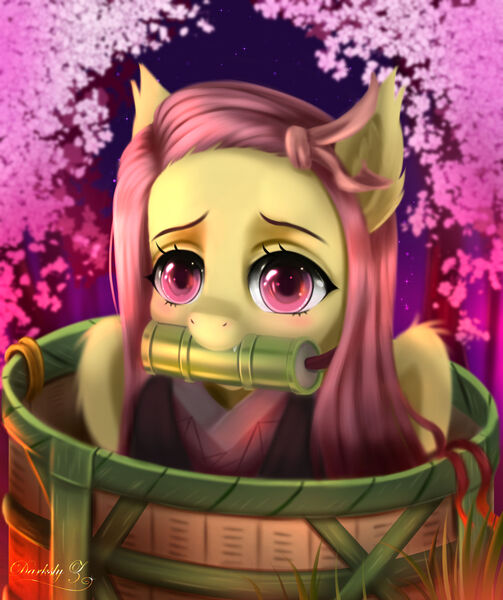 Size: 3250x3875 | Tagged: safe, artist:darksly, derpibooru import, fluttershy, bat pony, pegasus, pony, alternate hairstyle, anime, barrel, basket, bat ponified, bit gag, cherry blossoms, clothes, crossover, demon slayer, ear fluff, female, flower, flower blossom, flutterbat, gag, kimetsu no yaiba, kimono (clothing), looking at you, mare, mouth hold, nezuko kamado, pony in a basket, race swap, red eyes, solo, three quarter view, wings