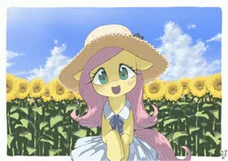 Size: 4093x2894 | Tagged: artist:yanamosuda, blushing, bow, clothes, cute, daaaaaaaaaaaw, derpibooru import, dress, female, floppy ears, flower, flower field, fluttershy, full face view, hat, head tilt, looking at you, mare, open mouth, outdoors, pegasus, safe, semi-anthro, shyabetes, sky, smiling, solo, sundress, sunflower, sun hat, weapons-grade cute