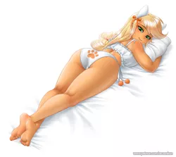 Size: 1257x1121 | Tagged: applebutt, applejack, artist:racoonsan, ass, barefoot, bed, bedroom eyes, breasts, busty applejack, butt, cat lingerie, clothes, colored, color edit, derpibooru import, edit, editor:drakeyc, equestria girls edit, feet, female, freckles, human, humanized, lingerie, looking at you, looking back, looking back at you, panties, paw print, paw print underwear, pillow, pony coloring, prone, sideboob, side knot underwear, simple background, skin color edit, smiling, soles, solo, solo female, suggestive, underwear, white background, white underwear