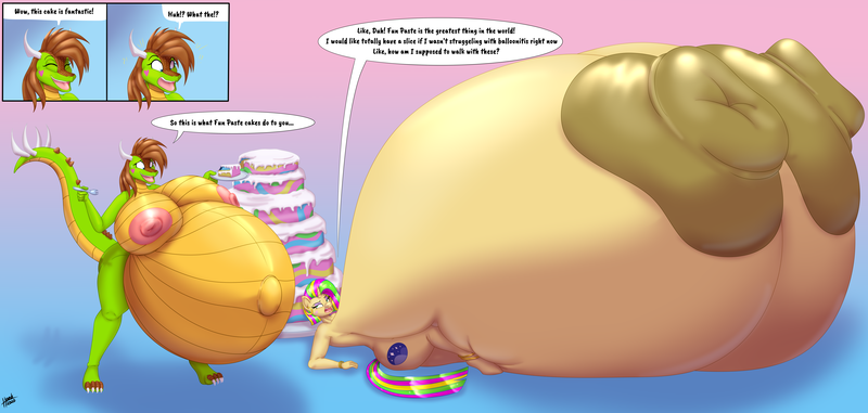 Size: 10500x5000 | Tagged: questionable, artist:09hankris, artist:blues64, derpibooru import, oc, oc:angela, oc:beverly hills, anthro, dragon, unicorn, belly, big belly, big breasts, breasts, cake, dialogue, dragoness, female, food, fun paste, huge belly, huge breasts, hyper, hyper belly, hyper breasts, hyper pregnancy, impossibly large belly, impossibly large breasts, nipples, nudity, pregnant