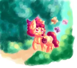 Size: 4652x4089 | Tagged: safe, artist:coco-drillo, derpibooru import, apple bloom, butterfly, earth pony, pony, adorabloom, atmospheric, bow, chest fluff, cute, ear fluff, forest, natg2020, nature, newbie artist training grounds, scenery, solo