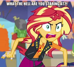 Size: 600x550 | Tagged: safe, derpibooru import, edit, edited screencap, screencap, sunset shimmer, equestria girls, equestria girls series, rollercoaster of friendship, caption, duckman, geode of empathy, image macro, magical geodes, text