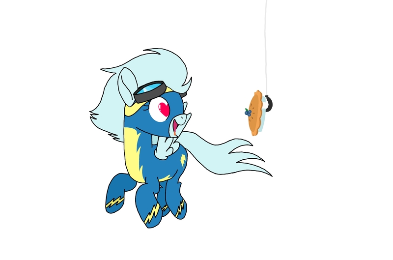 Size: 2176x1440 | Tagged: safe, artist:windy breeze, derpibooru import, oc, pegasus, pony, bait, blueberry, clothes, flying, food, goggles, heart eyes, pie, simple background, solo, tongue out, uniform, white background, wingding eyes, wonderbolts, wonderbolts uniform