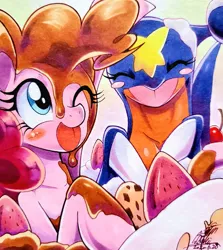 Size: 1823x2048 | Tagged: safe, artist:025aki, derpibooru import, pinkie pie, earth pony, pony, blushing, chocolate, cookie, crossover, female, food, garchomp, mare, one eye closed, pokémon, smiling, strawberry, traditional art