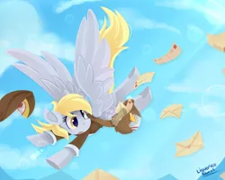 Size: 1250x1000 | Tagged: artist:liquorice_sweet, blue sky, bubble, clothes, derpibooru import, derpy hooves, female, flying, mail, mailbag, mailmare, mailpony, mare, open mouth, pegasus, safe, solo