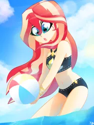 Size: 2448x3264 | Tagged: safe, artist:xan-gelx, derpibooru import, sunset shimmer, equestria girls, beach ball, bikini, clothes, cute, cutie mark, cutie mark on clothes, high res, midriff, open mouth, playing, shimmerbetes, sleeveless, solo, summer sunset, swimsuit, water