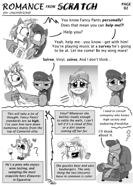 Size: 2200x3072 | Tagged: alcohol, artist:chopsticks, beer, bipedal, boop, burger, burp, cheek fluff, chest fluff, comic:romance from scratch, derpibooru import, dialogue, duo, duo female, ear fluff, fancypants, female, food, hay burger, magic, monochrome, noseboop, octavia melody, personal space invasion, safe, sitting, tea, telekinesis, text, thought bubble, unshorn fetlocks, vinyl scratch, wine