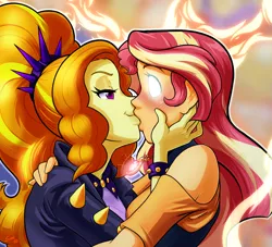 Size: 1100x1000 | Tagged: safe, artist:shaxbert, derpibooru import, adagio dazzle, sunset shimmer, equestria girls, bedroom eyes, blank eyes, blushing, clothes, female, geode of empathy, glowing eyes, hand on head, hands on head, holding head, kissing, lesbian, magical geodes, shipping, sunsagio