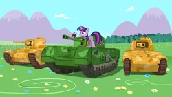 Size: 3000x1688 | Tagged: alicorn, artist:mrscroup, binoculars, churchill, clothes, derpibooru import, female, glowing horn, horn, magic, mare, matilda ii, safe, solo, tank (vehicle), telekinesis, twilight sparkle, twilight sparkle (alicorn), uniform