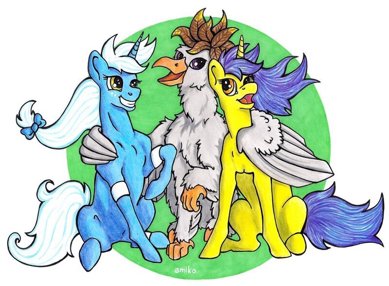 Size: 1024x753 | Tagged: safe, artist:emikol, derpibooru import, oc, oc:glace, oc:luxor, oc:tulipan, classical hippogriff, hippogriff, unicorn, bow, hair bow, horn, hug, luxorian trio, unicorn oc, winghug