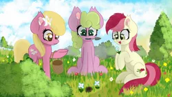 Size: 1920x1080 | Tagged: safe, artist:windy-pony, derpibooru import, daisy, flower wishes, lily, lily valley, roseluck, earth pony, pony, basket, cloud, cute, female, flower, flower trio, grass, hoof hold, large ears, mare, mouth hold, tree, trowel