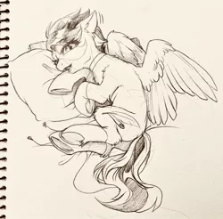 Size: 1280x1258 | Tagged: safe, artist:swaybat, derpibooru import, oc, pegasus, pony, bed, choker, earbuds, female, laying on bed, looking at you, mare, monochrome, on bed, pillow, sketch, solo, traditional art, underhoof, wings