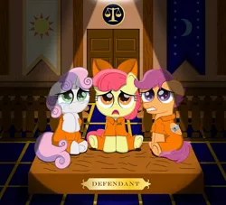 Size: 1280x1164 | Tagged: safe, artist:spellboundcanvas, derpibooru import, apple bloom, scootaloo, sweetie belle, earth pony, pegasus, pony, unicorn, adorabloom, banner, begging, bow, clothes, courtroom, crying, cute, cutealoo, cutie mark crusaders, diasweetes, female, filly, hair bow, magic suppression, nervous, prison, prison outfit, prisoner, restraints, sad, scales of justice, scared, solo, wingcuffs, young