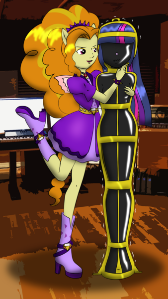 Size: 671x1190 | Tagged: suggestive, alternate version, artist:ponyguy67, artist:ryuseihikari, derpibooru import, adagio dazzle, twilight sparkle, human, equestria girls, rainbow rocks, a-domme-gio, bad end, bondage, bondage furniture, boots, bound, cage, clothes, commission, dress, encased, encasement, female, femsub, fin wings, fondling, gibbet, grope, high heel boots, high heels, hood, image, kidnapped, latex, png, pony ears, sensory deprivation, shoes, submissive, trapped, twisub, wings